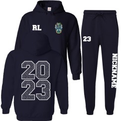 Unisex Personalised Tracksuit Hooded Sweatshirt & Jog Pants Set with Front Right Chest Custom Initial Print and Left Chest Custom Embroidery Logo and Back School Leavers 2023 Desing with Jog Pant Left and Right Custom Text Printing   